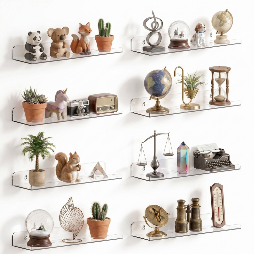 Floating Shelves for Wall Decor, 15" Extra Clear Acrylic Shelves Set of 8, Invisible Wall Mounted Display Shelving for Bedroom, Living Room, Kitchen, Bathroom
