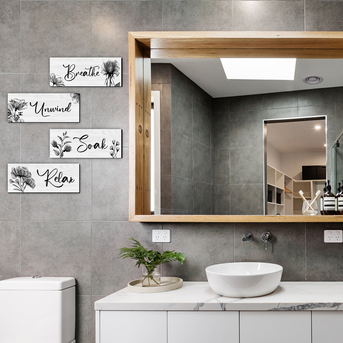 4 Pcs Bathroom Wall Decor, Rustic Wooden Word Signs with Relax Soak Unwind Breathe, Bathroom Wall Art for Home, Vintage Hanging Decor for Bedroom, Living Room, Office(Black,10x4 Inch)