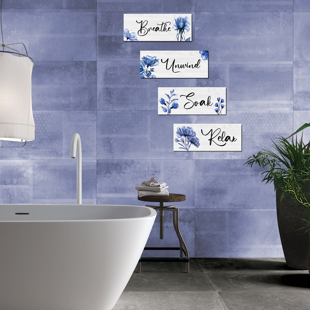 CELIVESGG 4 Pieces Bathroom Wall Decor, Blue, Flower Wall Art Wooden Hanging for Gallery Walls or Home Decoration, 10" x 4" x 0.2"