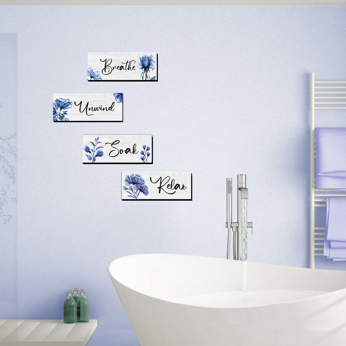 CELIVESGG 4 Pieces Bathroom Wall Decor, Blue, Flower Wall Art Wooden Hanging for Gallery Walls or Home Decoration, 10" x 4" x 0.2"