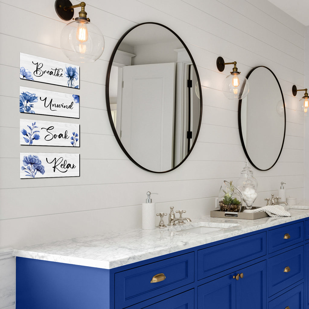 CELIVESGG 4 Pieces Bathroom Wall Decor, Blue, Flower Wall Art Wooden Hanging for Gallery Walls or Home Decoration, 10" x 4" x 0.2"