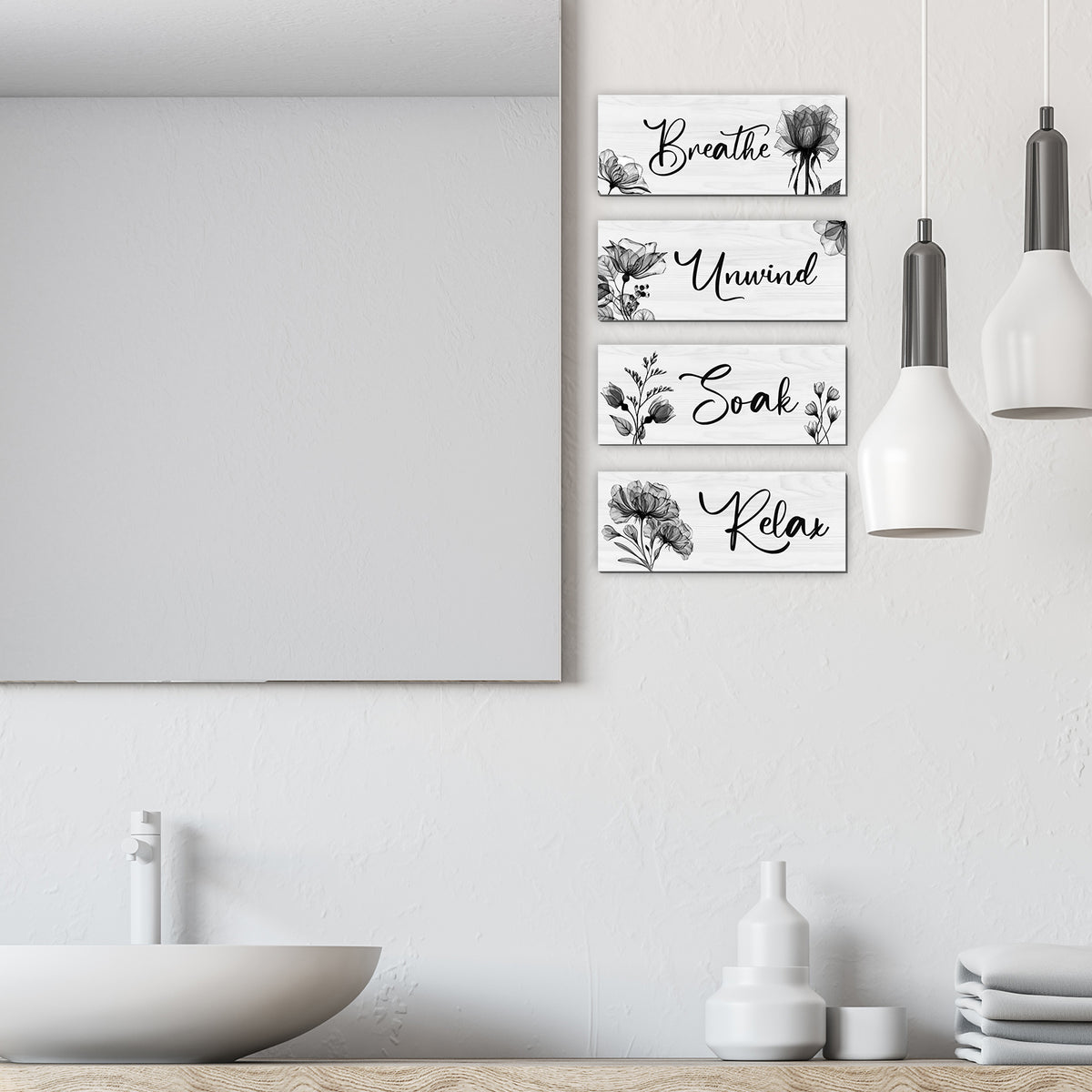 4 Pcs Bathroom Wall Decor, Rustic Wooden Word Signs with Relax Soak Unwind Breathe, Bathroom Wall Art for Home, Vintage Hanging Decor for Bedroom, Living Room, Office(Black,10x4 Inch)