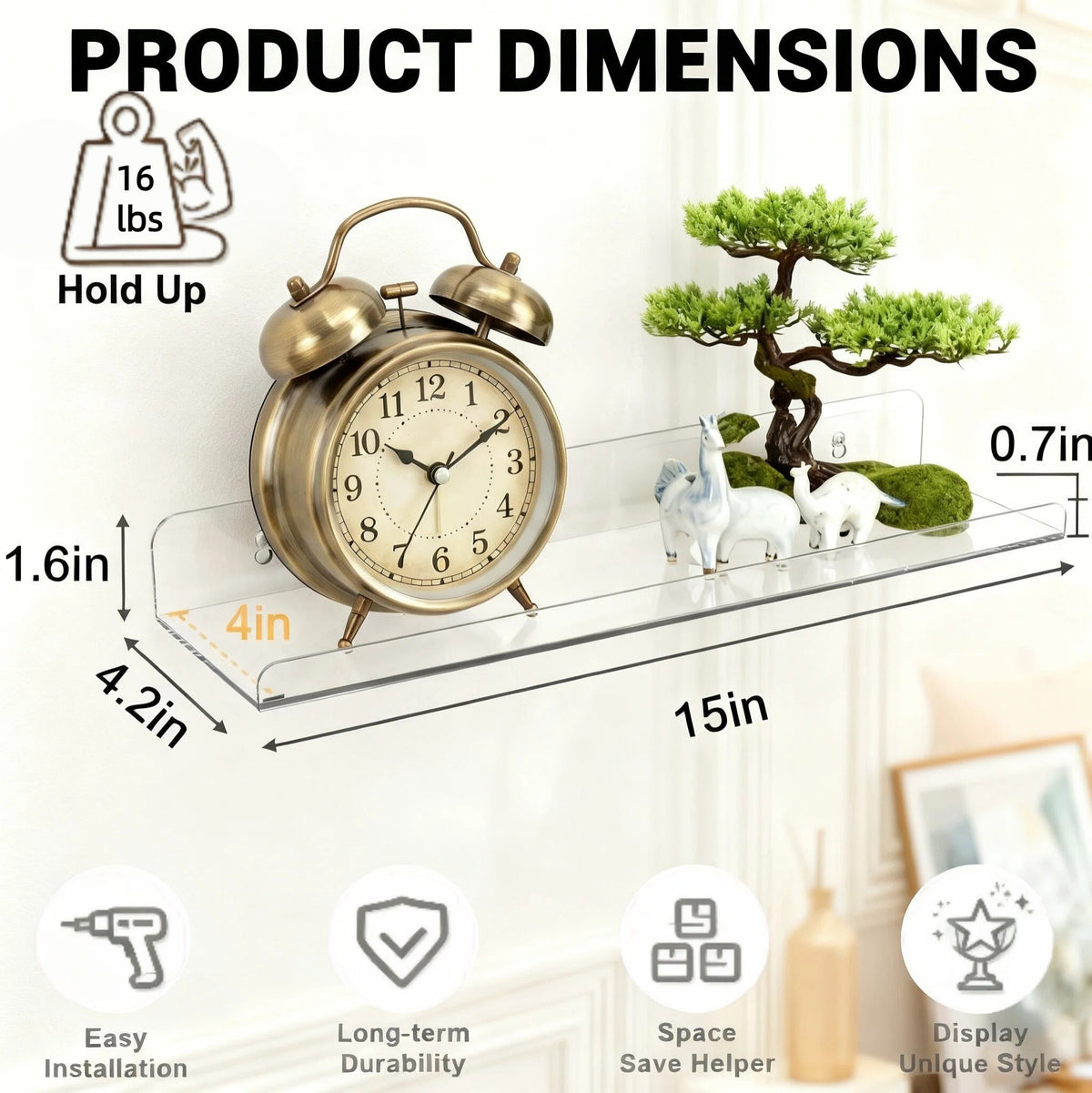 Floating Shelves for Wall Decor, 15" Extra Clear Acrylic Shelves Set of 3, Invisible Wall Mounted Display Shelving for Bedroom, Living Room, Kitchen, Bathroom