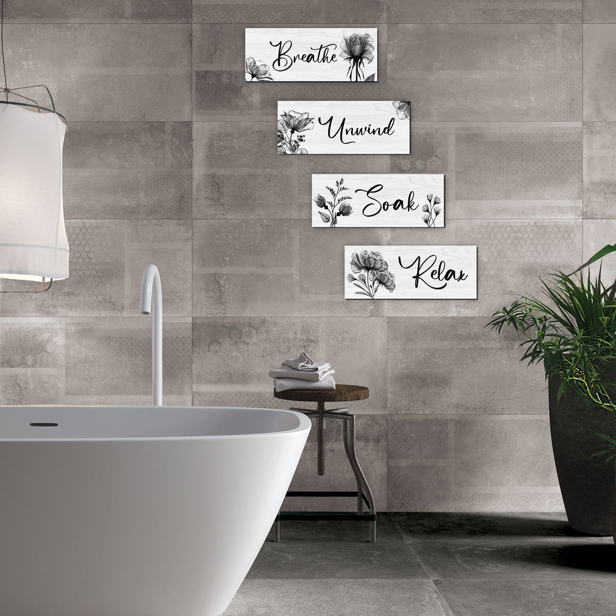 4 Pcs Bathroom Wall Decor, Rustic Wooden Word Signs with Relax Soak Unwind Breathe, Bathroom Wall Art for Home, Vintage Hanging Decor for Bedroom, Living Room, Office(Black,10x4 Inch)