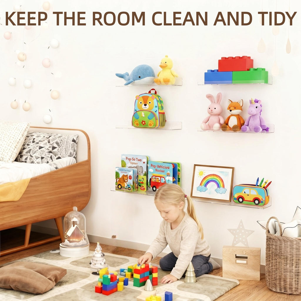 Floating Shelves for Wall Decor, 15" Extra Clear Acrylic Shelves Set of 4, Invisible Wall Mounted Display Shelving for Bedroom, Living Room, Kitchen, Bathroom