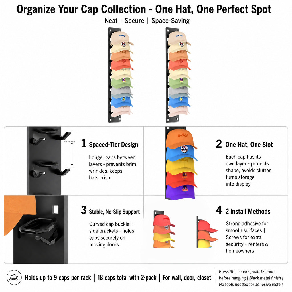 Charcrocsm Hat Organizer,2 Pack for Baseball Caps, Adhesive Wall Hat Rack One Hat One Layer, Wall Mounted Hat Hooks for Door Closet Bedroom, Black