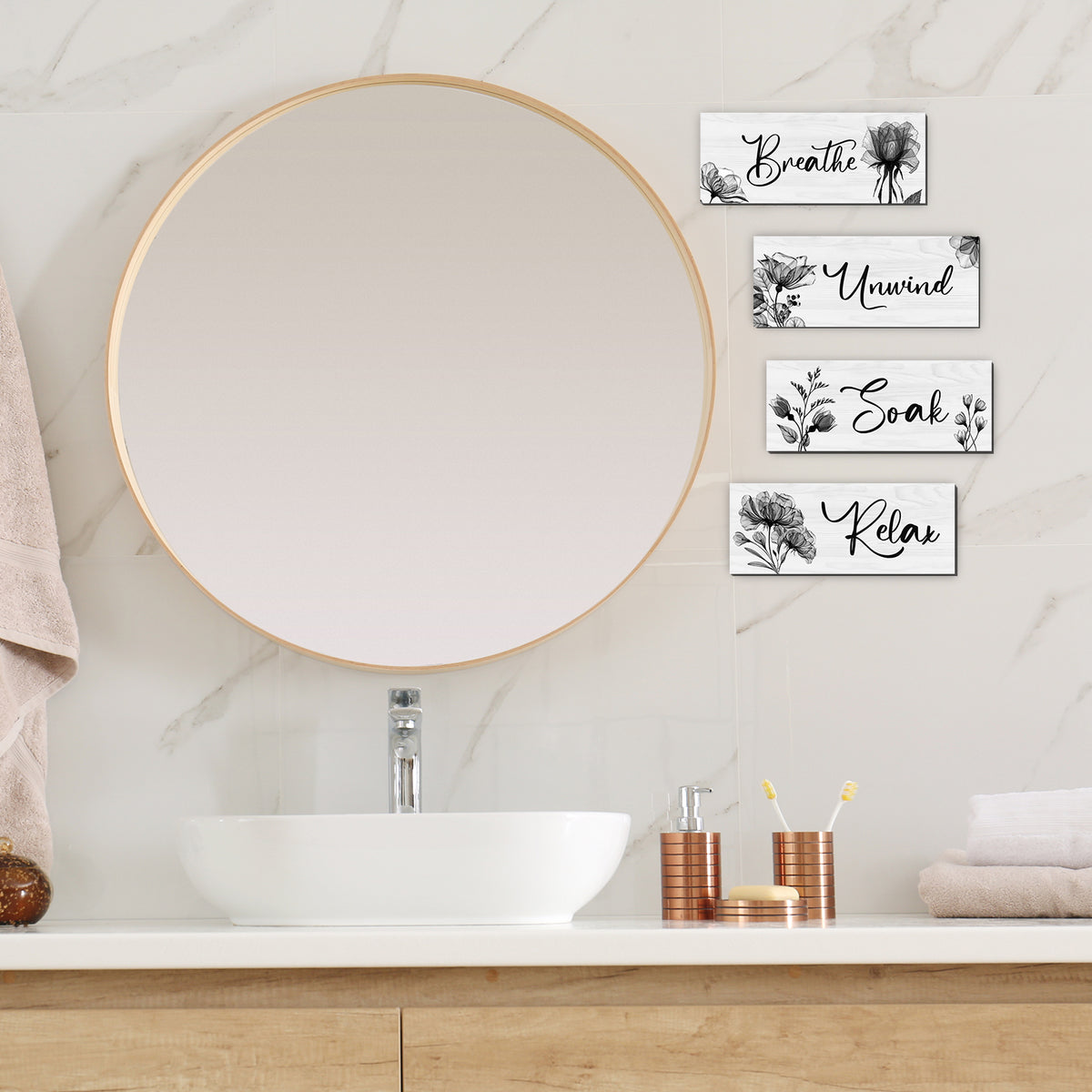 4 Pcs Bathroom Wall Decor, Rustic Wooden Word Signs with Relax Soak Unwind Breathe, Bathroom Wall Art for Home, Vintage Hanging Decor for Bedroom, Living Room, Office(Black,10x4 Inch)