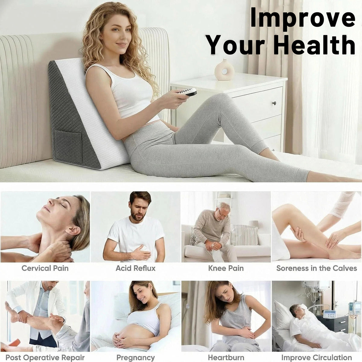 Charcrocsm Wedge Pillow, 10 inch Pillow for Neck Pain Relief, Multi-Purpose Back Support for Reading, Post-Surgery Recovery, Leg Elevation, White