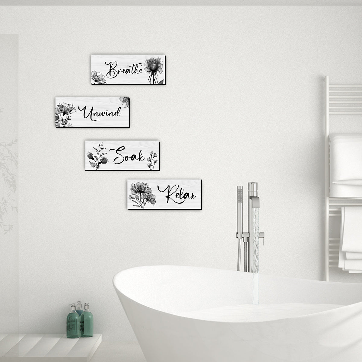 4 Pcs Bathroom Wall Decor, Rustic Wooden Word Signs with Relax Soak Unwind Breathe, Bathroom Wall Art for Home, Vintage Hanging Decor for Bedroom, Living Room, Office(Black,10x4 Inch)