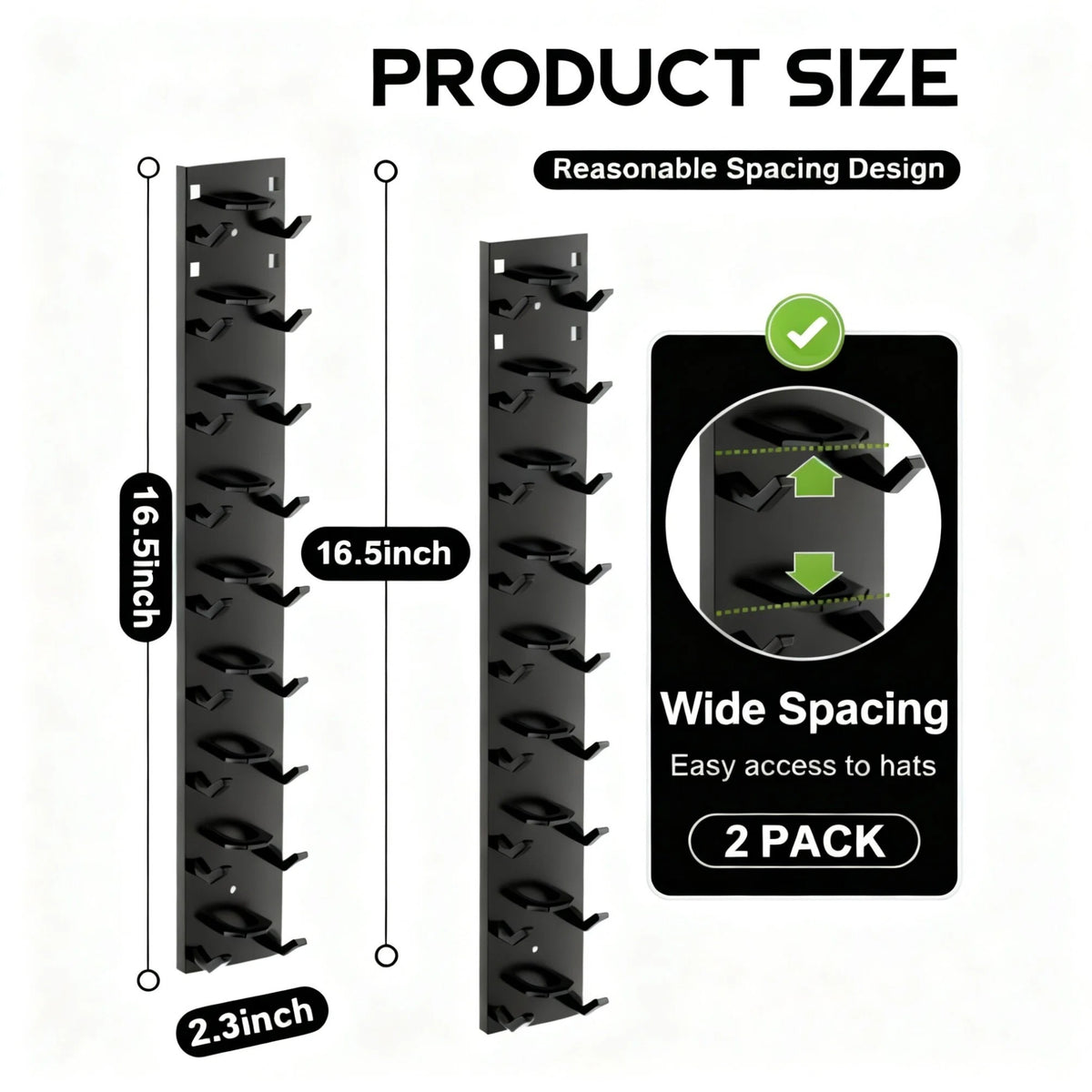 Charcrocsm Hat Organizer,2 Pack for Baseball Caps, Adhesive Wall Hat Rack One Hat One Layer, Wall Mounted Hat Hooks for Door Closet Bedroom, Black
