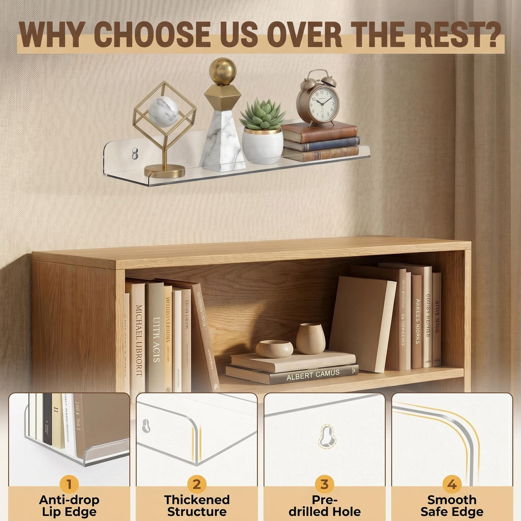 Floating Shelves for Wall Decor, 15" Extra Clear Acrylic Shelves Set of 6, Invisible Wall Mounted Display Shelving for Bedroom, Living Room, Kitchen, Bathroom