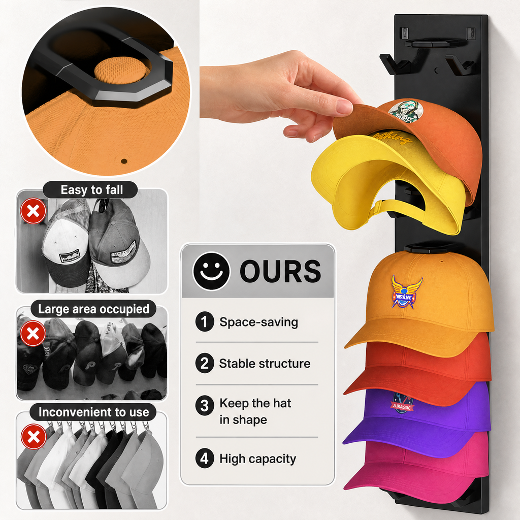 Charcrocsm Hat Organizer,2 Pack for Baseball Caps, Adhesive Wall Hat Rack One Hat One Layer, Wall Mounted Hat Hooks for Door Closet Bedroom, Black