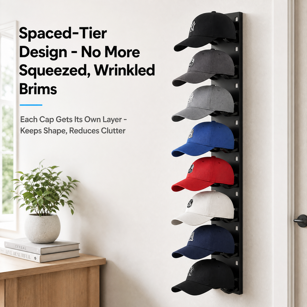 Charcrocsm Hat Organizer,2 Pack for Baseball Caps, Adhesive Wall Hat Rack One Hat One Layer, Wall Mounted Hat Hooks for Door Closet Bedroom, Black