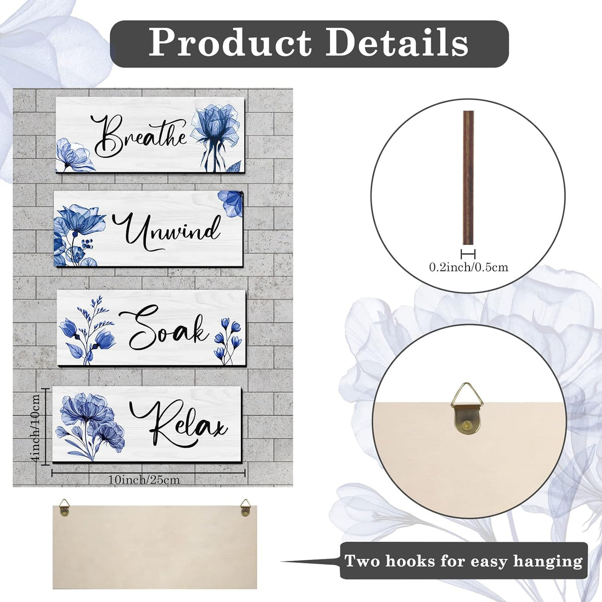 CELIVESGG 4 Pieces Bathroom Wall Decor, Blue, Flower Wall Art Wooden Hanging for Gallery Walls or Home Decoration, 10" x 4" x 0.2"