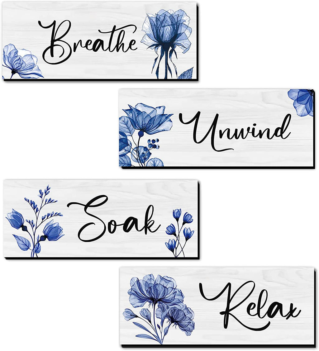 CELIVESGG 4 Pieces Bathroom Wall Decor, Blue, Flower Wall Art Wooden Hanging for Gallery Walls or Home Decoration, 10" x 4" x 0.2"