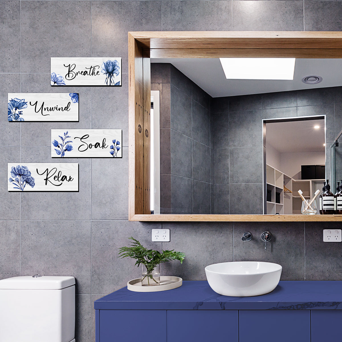 CELIVESGG 4 Pieces Bathroom Wall Decor, Blue, Flower Wall Art Wooden Hanging for Gallery Walls or Home Decoration, 10" x 4" x 0.2"