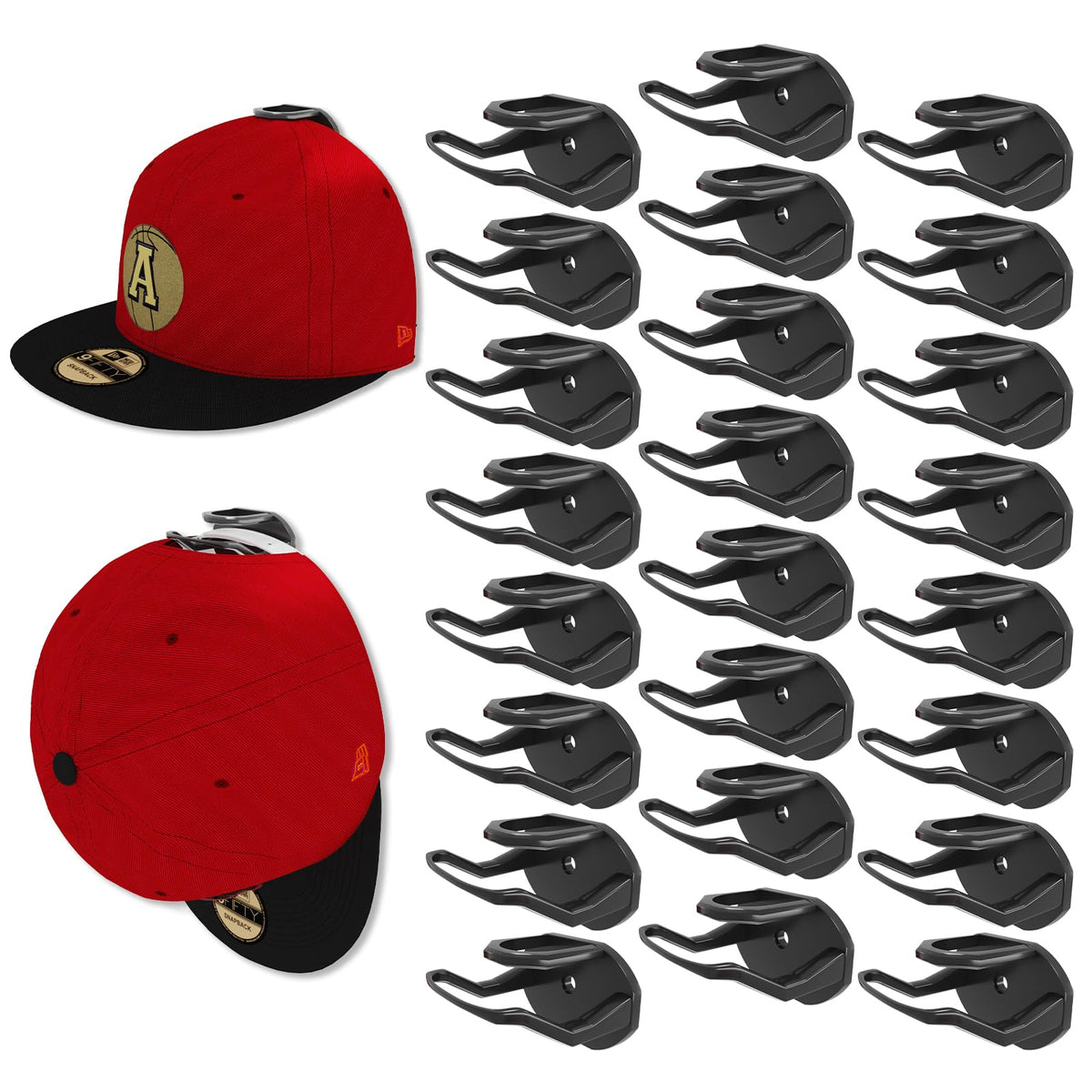 Hat Hooks for Wall,24 Pack Adhesive Hat Rack for Baseball Caps, Minimalist Baseball Cap Holder with2 Hanging Options, No Drill Hat Organizer Display for Door Closet, USA Patented, Black