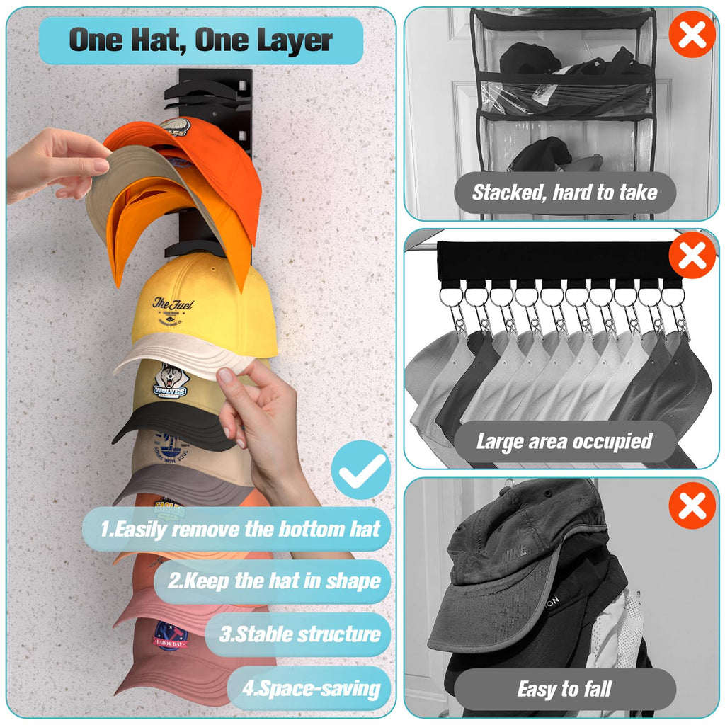 Hat Organizer for Baseball Caps, 2Pack, Hat Rack for Wall with Strong Adhesive, One Hat One Layer Cap Organizer Holds Up to 20 Hats, Black