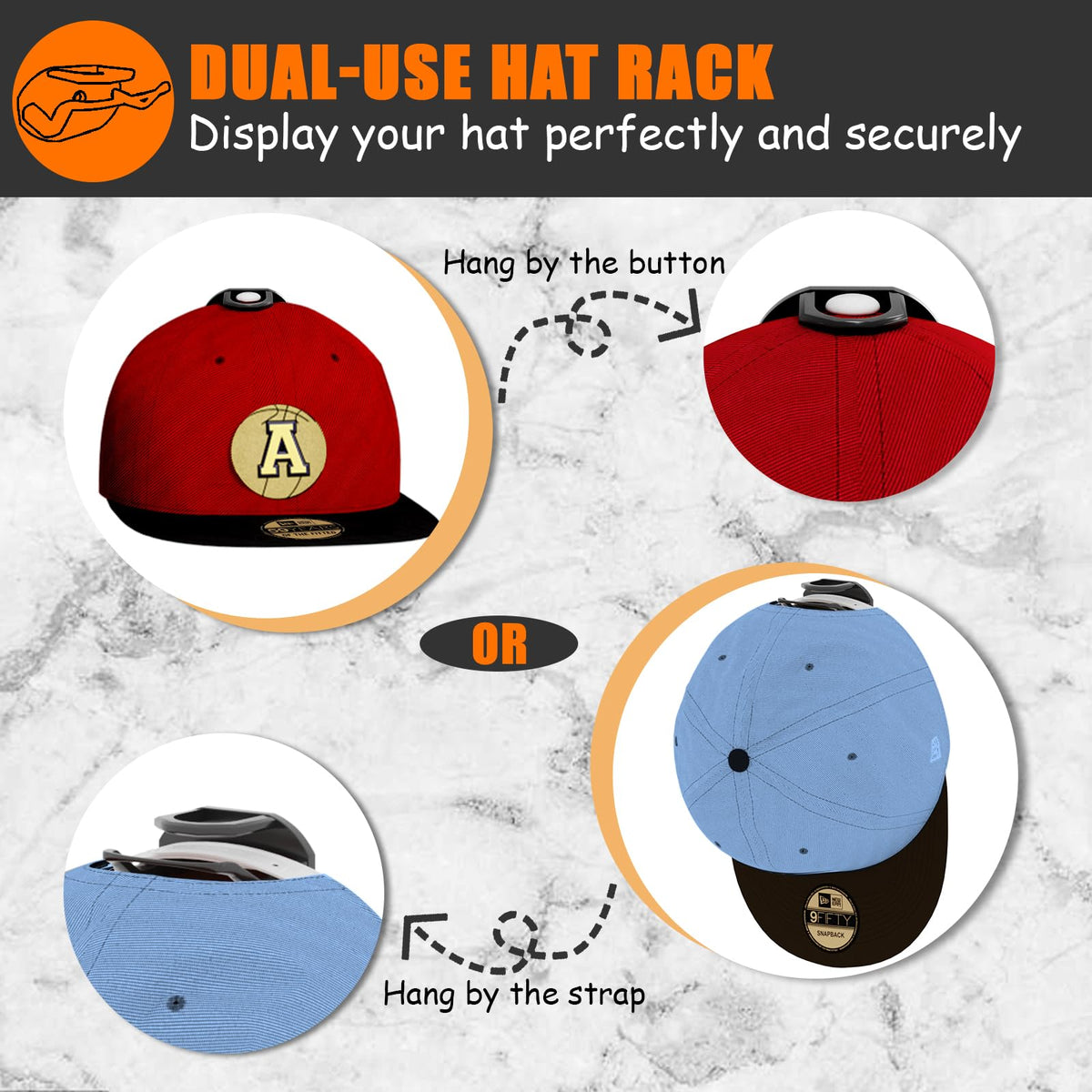 Hat Hooks for Wall,24 Pack Adhesive Hat Rack for Baseball Caps, Minimalist Baseball Cap Holder with2 Hanging Options, No Drill Hat Organizer Display for Door Closet, USA Patented, Black