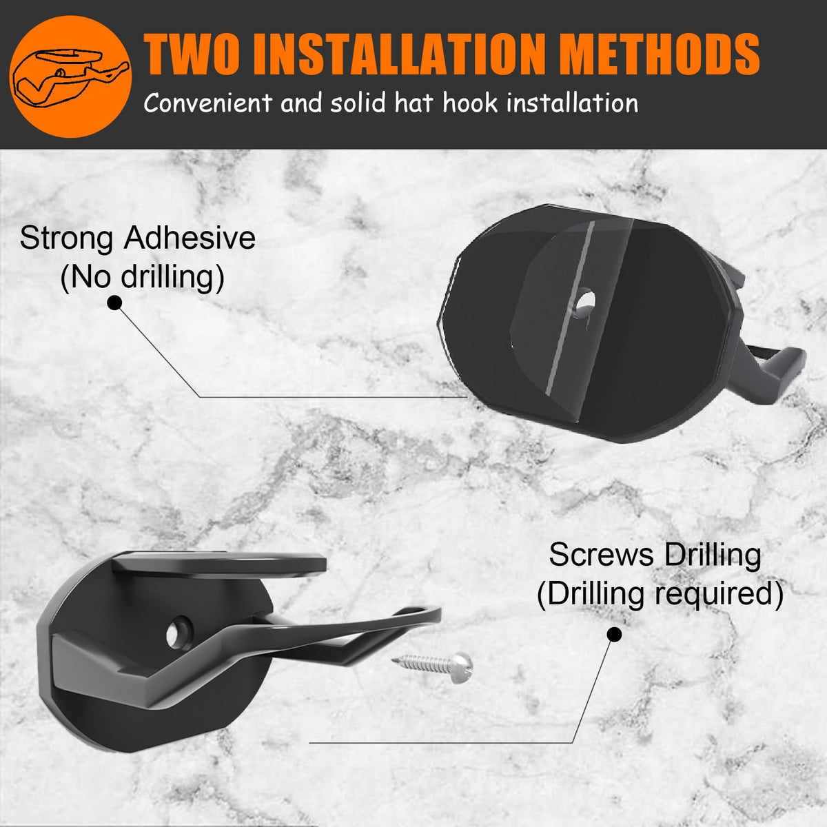 Hat Hooks for Wall,24 Pack Adhesive Hat Rack for Baseball Caps, Minimalist Baseball Cap Holder with2 Hanging Options, No Drill Hat Organizer Display for Door Closet, USA Patented, Black