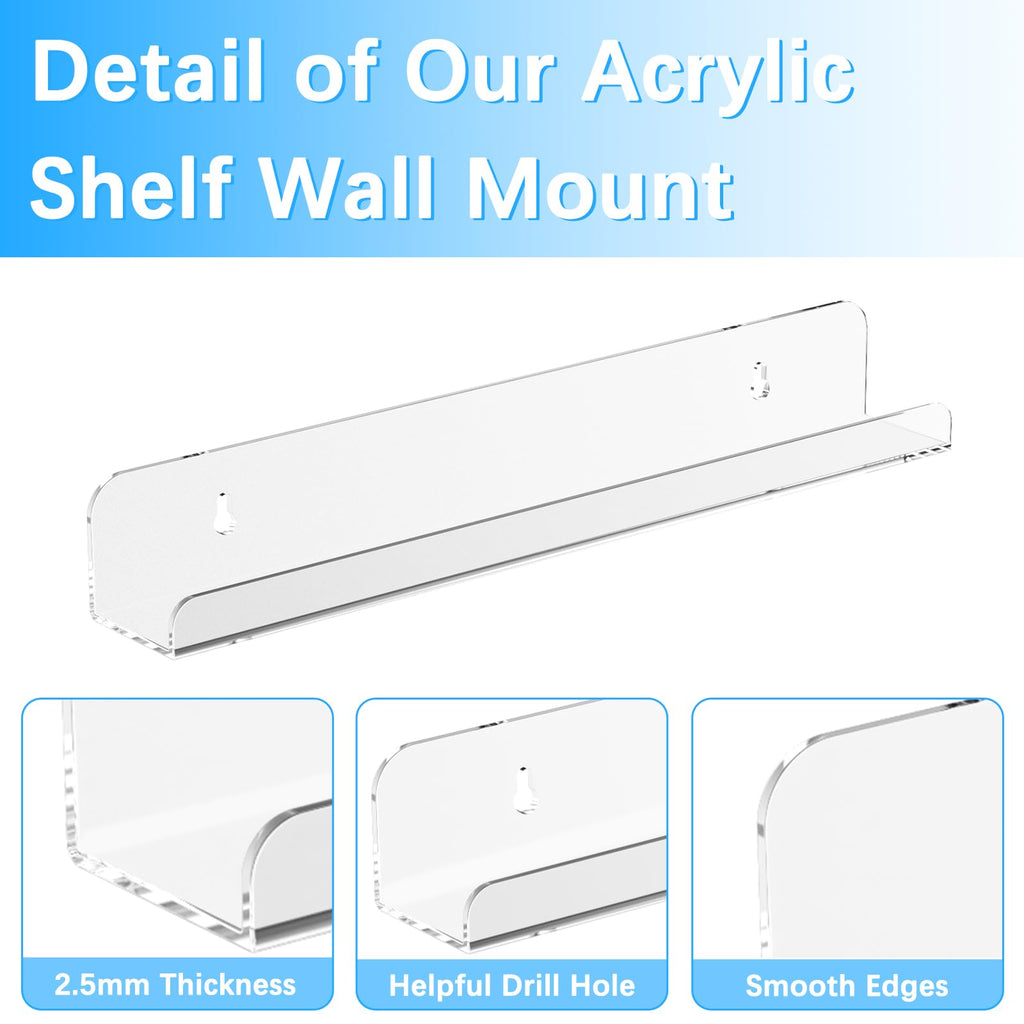 6 Pack Clear Vinyl Record Shelf Wall Mount,12" Acrylic Floating Shelves for LP Storage & Display, Kids Books Picture Ledge, Nursery Book Shelf, Magazine Rack for Home Decor