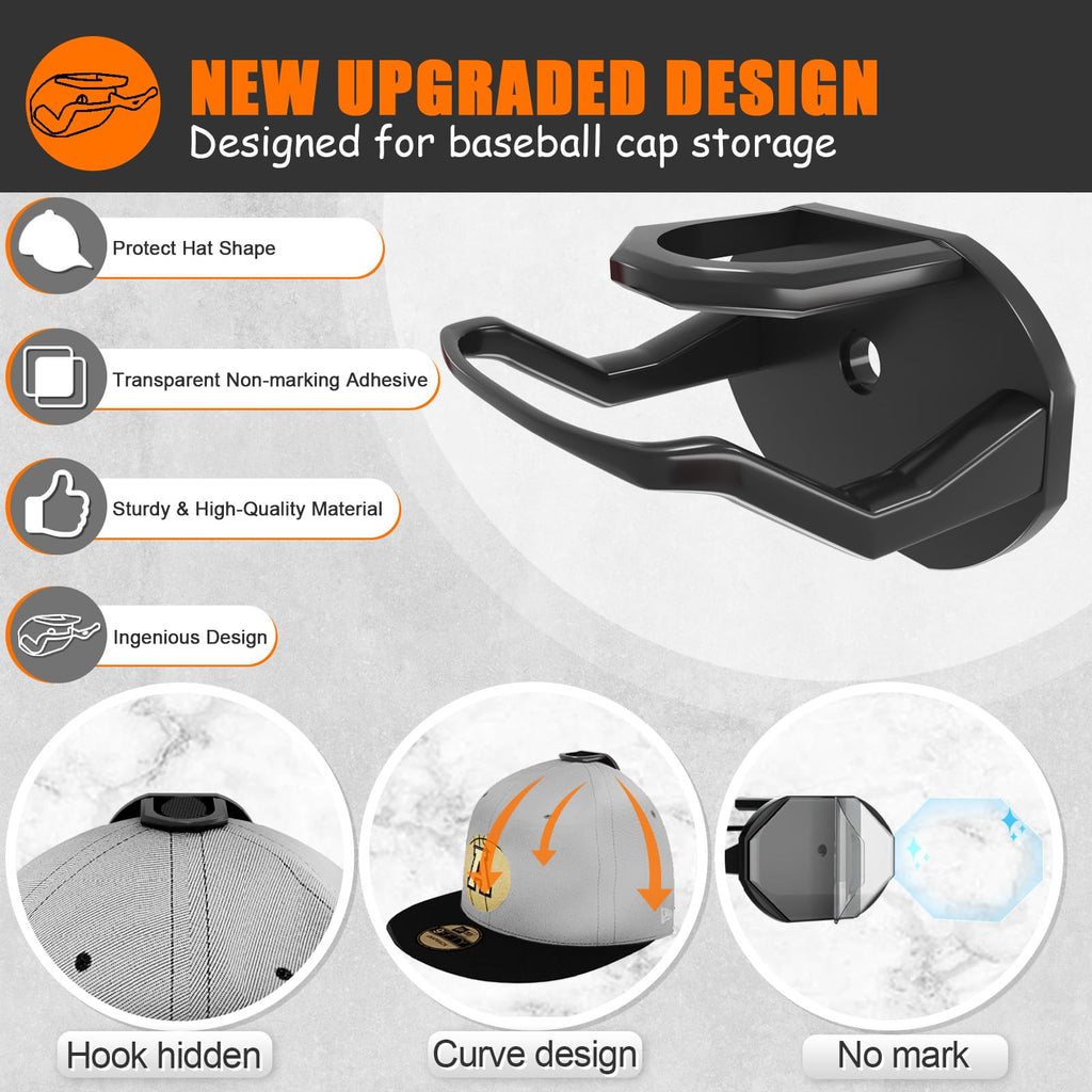 Hat Hooks for Wall,24 Pack Adhesive Hat Rack for Baseball Caps, Minimalist Baseball Cap Holder with2 Hanging Options, No Drill Hat Organizer Display for Door Closet, USA Patented, Black