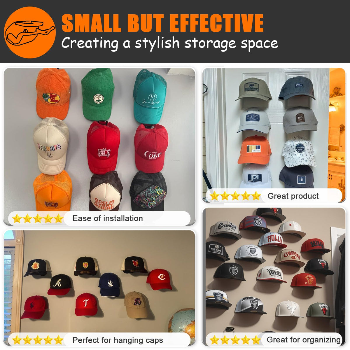 Hat Hooks for Wall,24 Pack Adhesive Hat Rack for Baseball Caps, Minimalist Baseball Cap Holder with2 Hanging Options, No Drill Hat Organizer Display for Door Closet, USA Patented, Black